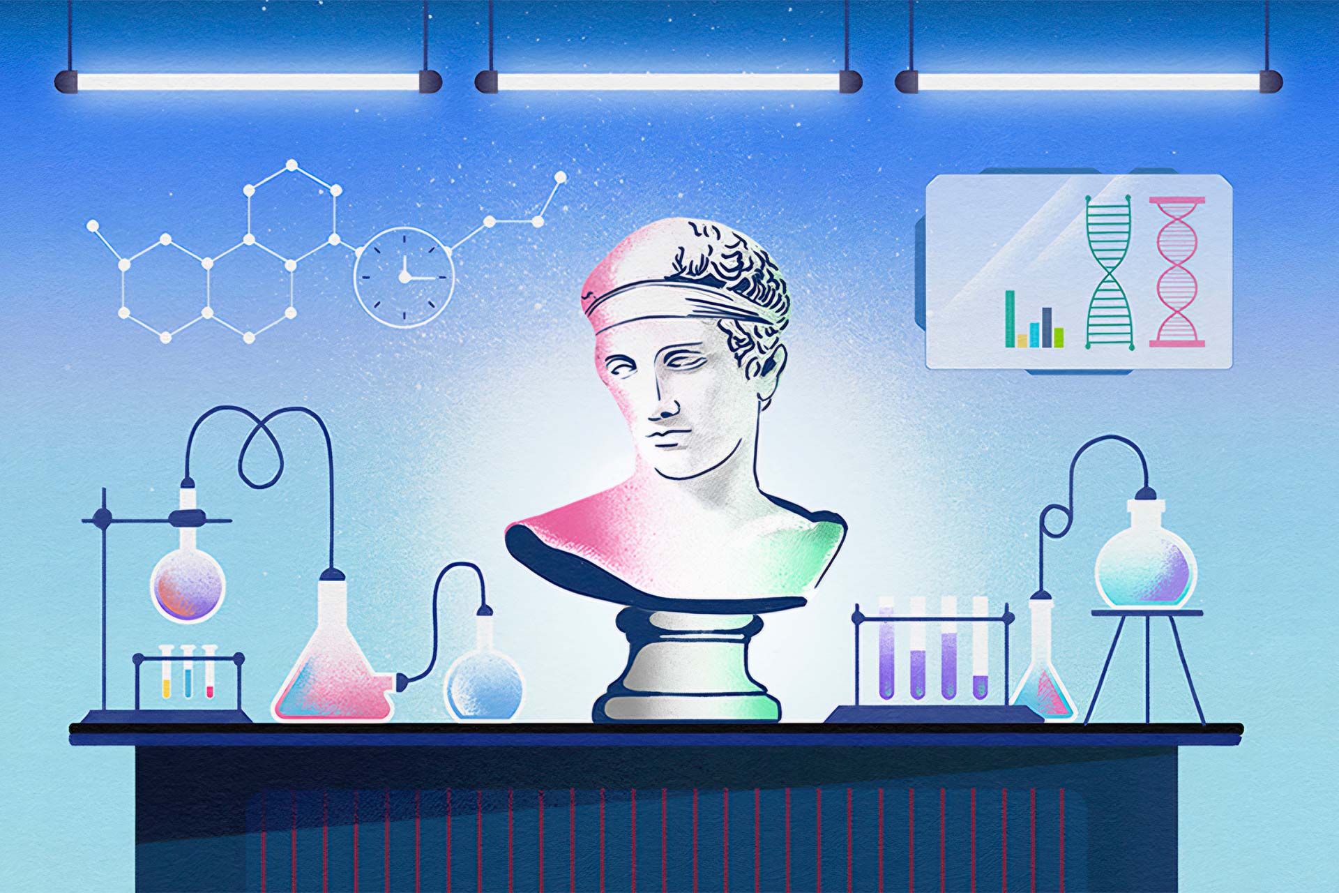 تصویرسازی از سر مجسمه داوود در آزمایشگاه با پس‌زمینه آبی