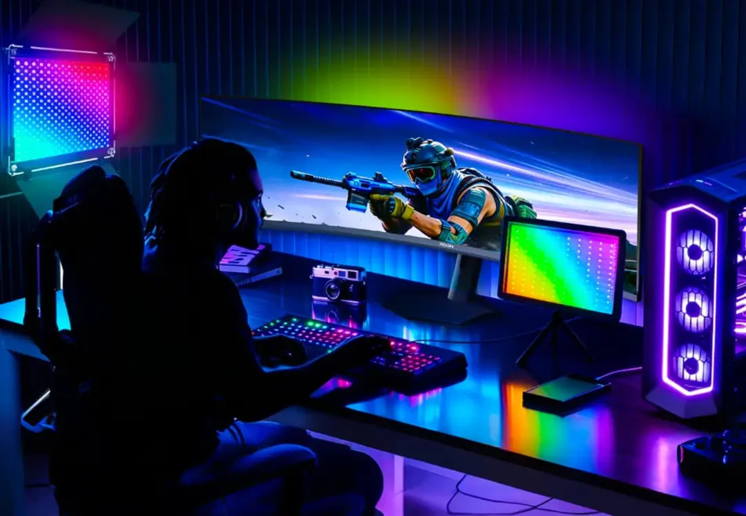 مانیتور خمیده AOC AGON 7 Max (AGP497UCZD) در میز گیمینگ با نورپردازی RGB