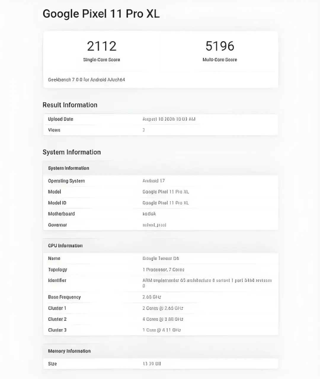 نتایج بنچمارک Geekbench برای گوشی گوگل پیکسل ۱۱ پرو ایکس‌ال
