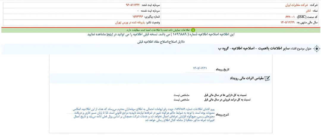متن اطلاعیه اصلاحیه شرکت مخابرات ایران (TCI) درباره تعرفه‌های تماس
