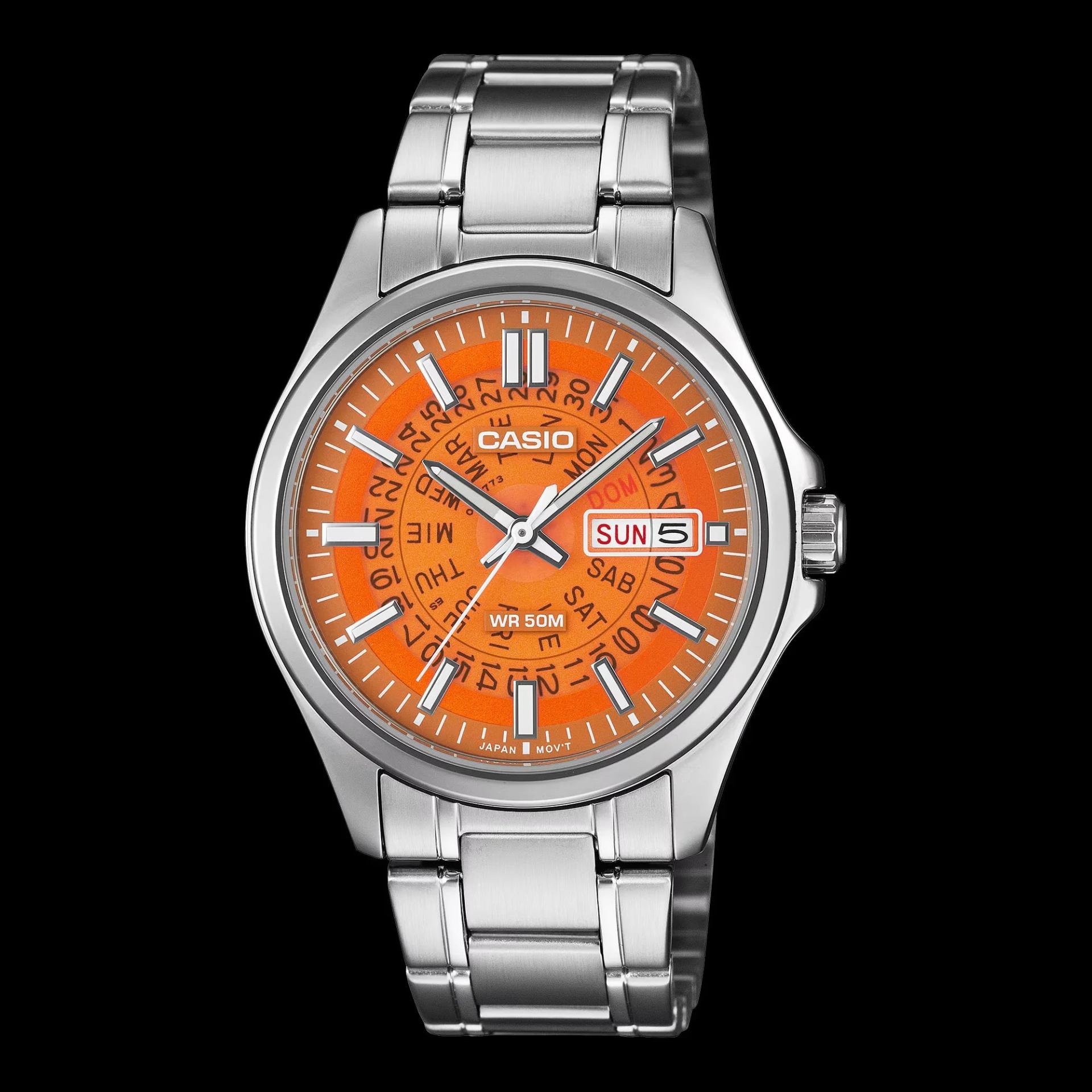 ساعت مچی کاسیو (Casio) با صفحه نارنجی و بند استیل نقره‌ای
