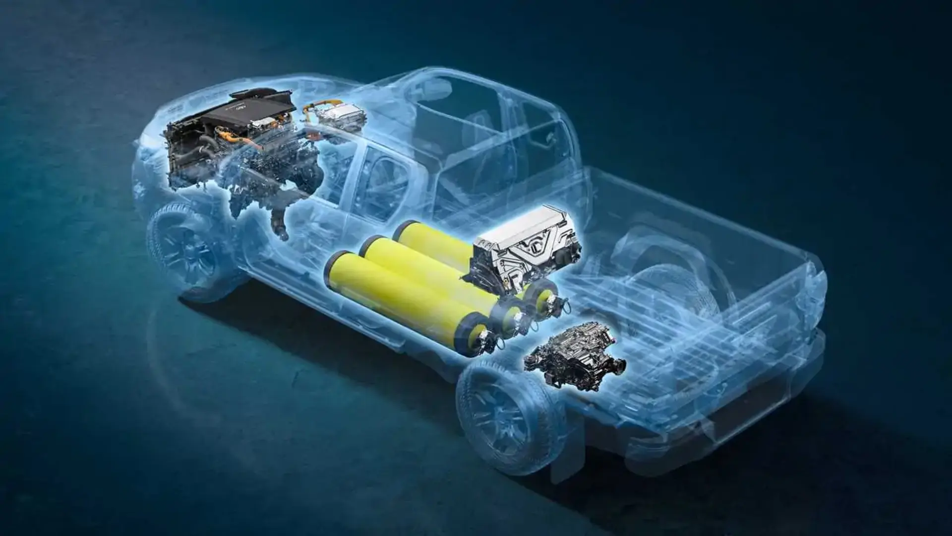 ساختار فنی خودرو تویوتا هایلوکس (Toyota Hilux) با نمایش سلول‌های سوختی و مخازن هیدروژن