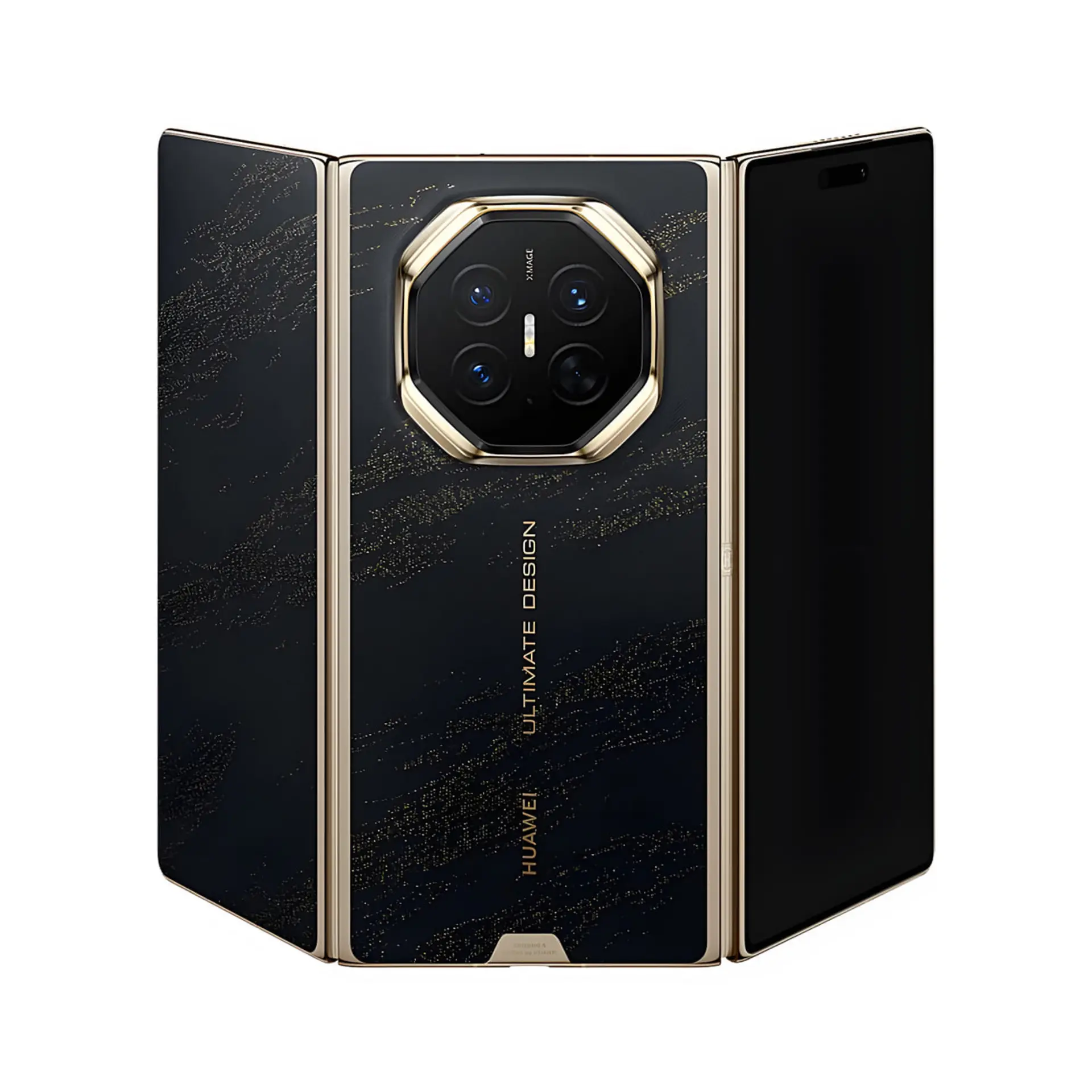 گوشی تاشو سه‌تکه هواوی Mate XT با بدنه مشکی و طلایی