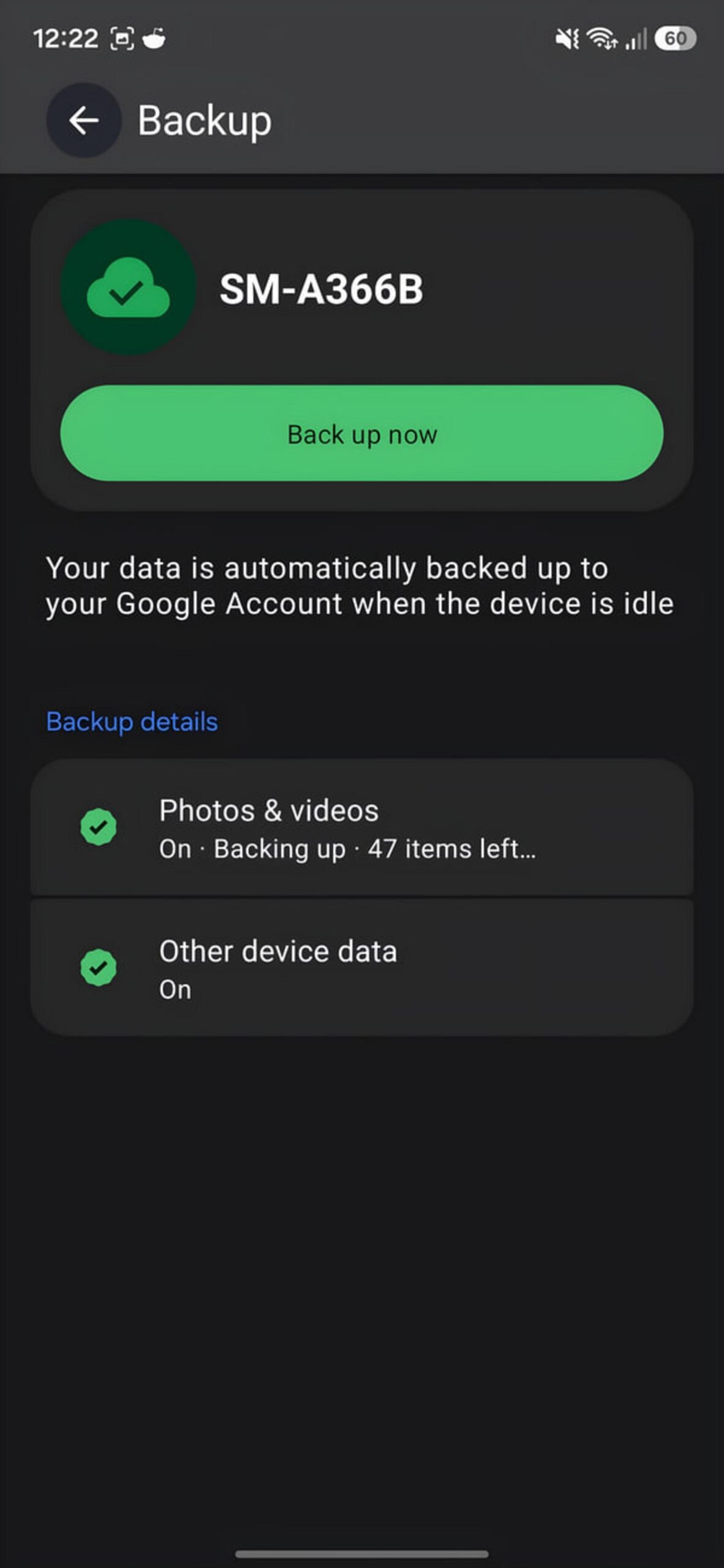 منوی تنظیمات پشتیبان‌گیری (Backup) در گوشی سامسونگ SM-A366B