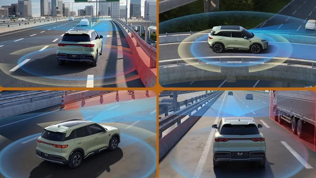 خودروی برقی BYD یوان آپ در حال حرکت در بزرگراه با نمایش محدوده سنسورهای ایمنی