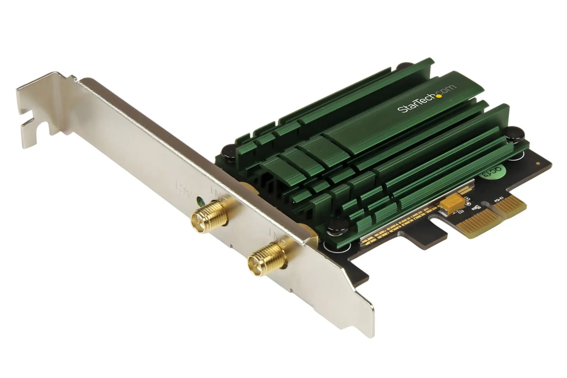 کارت شبکه PCIe با هیتسینک سبز رنگ و دو کانکتور آنتن