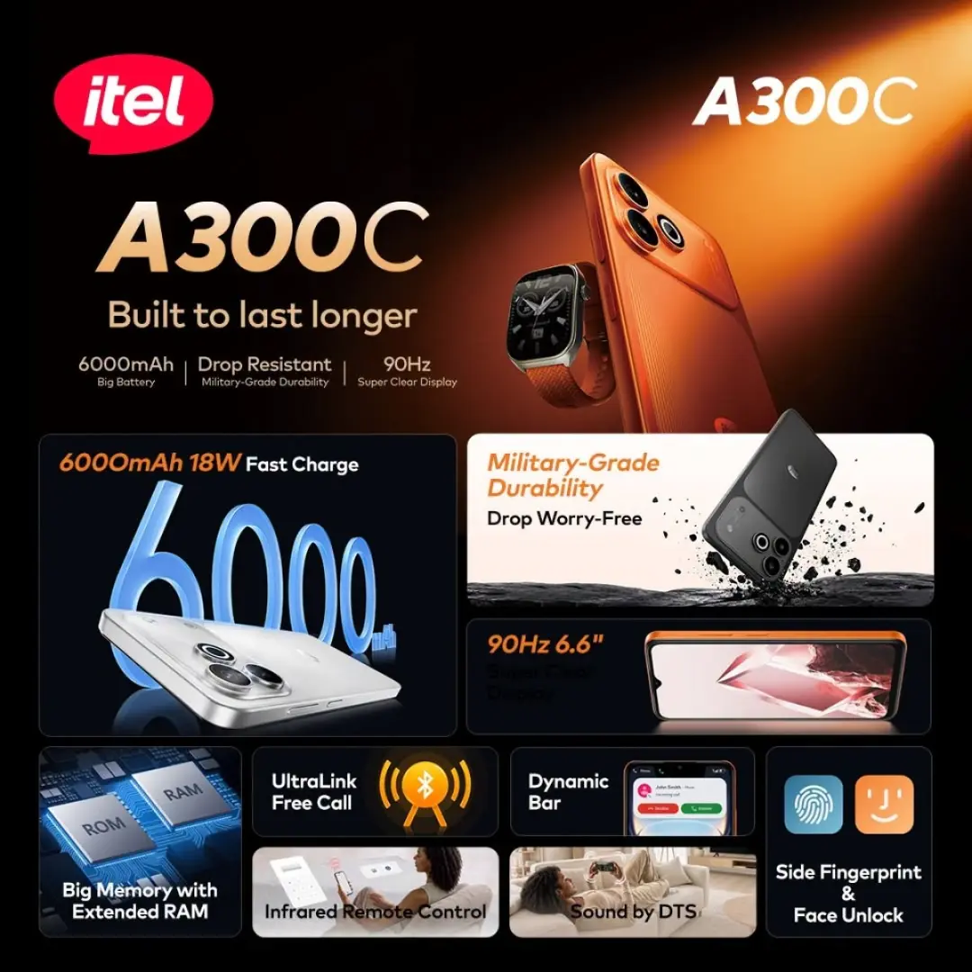 گوشی هوشمند ایتل مدل A300C با باتری ۶۰۰۰ میلی‌آمپر ساعت