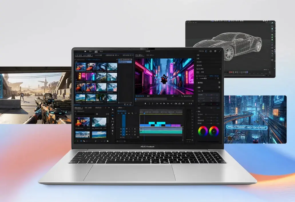 لپ‌تاپ ایسوس ویوو بوک ۱۶ (Asus Vivobook 16) در حال اجرای نرم‌افزارهای ویرایش ویدیو و بازی